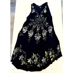 Naina's Dream Hand Painted Dress Women 1X Black Floral Sleeveless Boho Festival